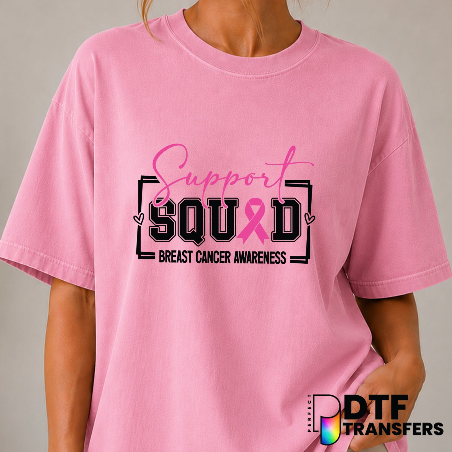 Support Squad Breast Cancer Awareness – Cancer Awareness DTF Transfer (view 1 of 2) – by Perfect DTF Transfers – Premade D...