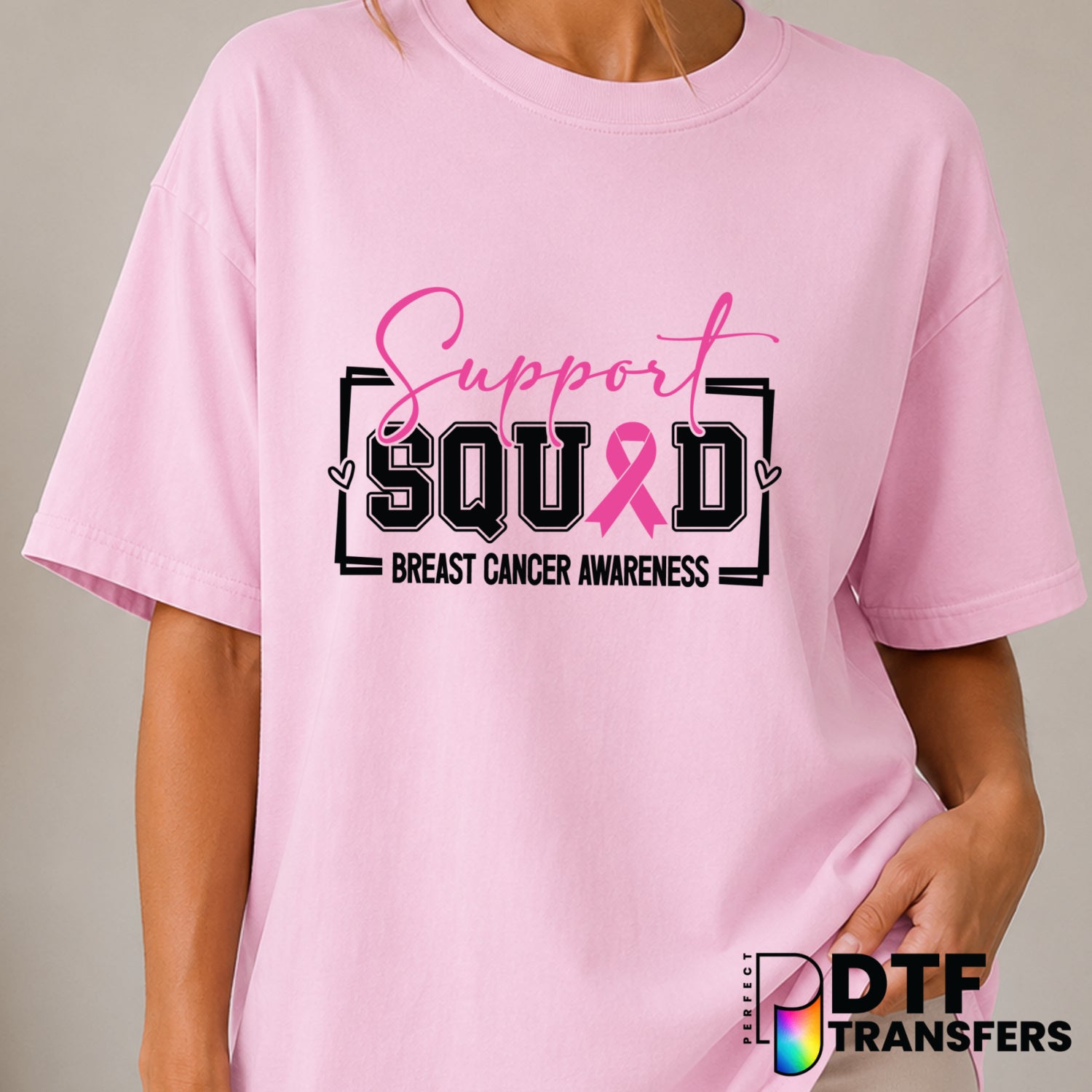 Support Squad Breast Cancer Awareness – Cancer Awareness DTF Transfer (view 2 of 2) – by Perfect DTF Transfers – Premade D...