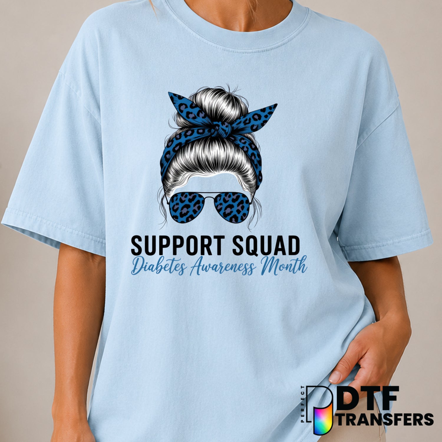Support Squad Diabetes Awareness Month Messy Bun Mom – Diabetes Awareness DTF Transfer (view 2 of 2) – by Perfect DTF Tran...