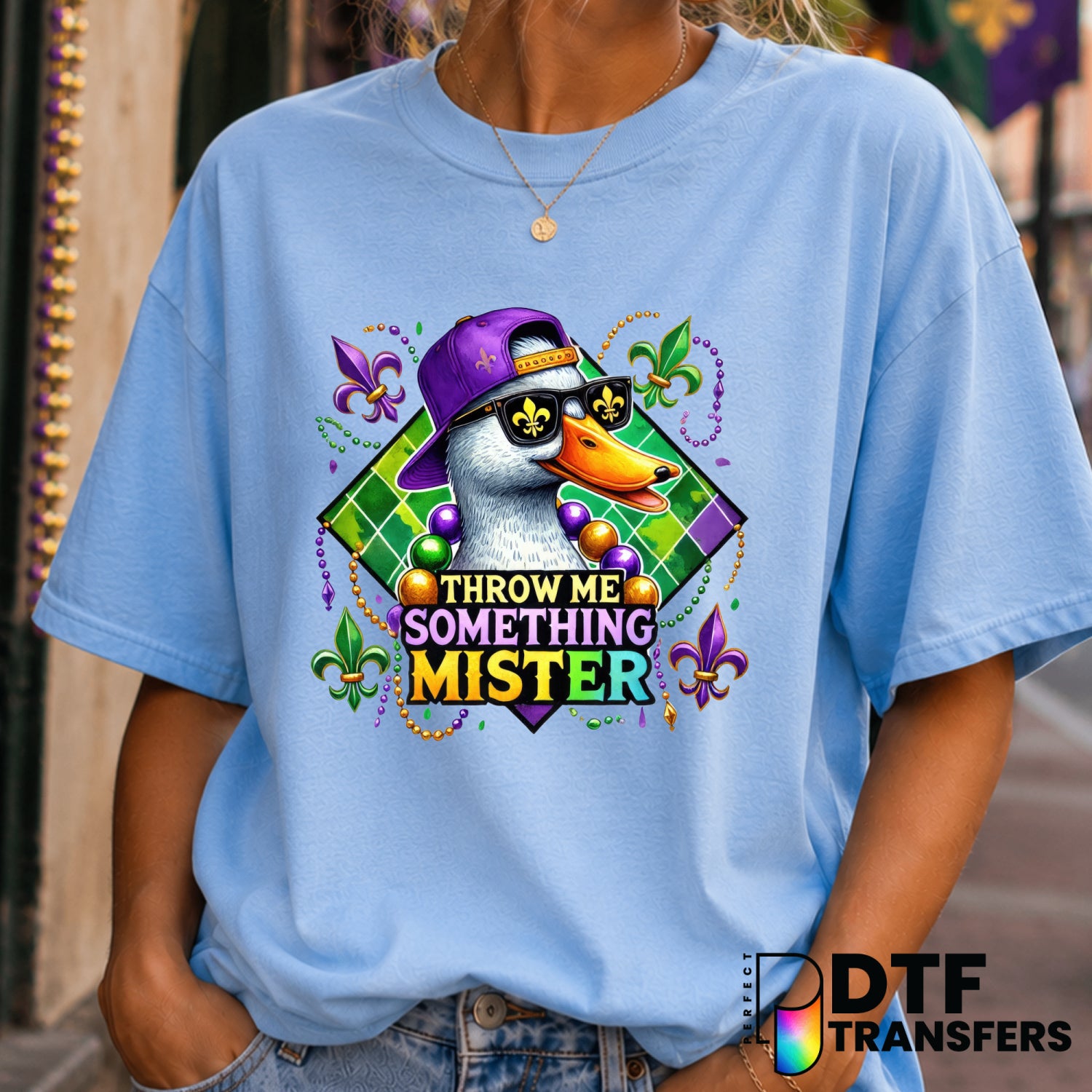"Throw Me Something Mister" – Mardi Gras DTF Transfer (view 1 of 2) – by Perfect DTF Transfers – Premade DTF Transfers – M...