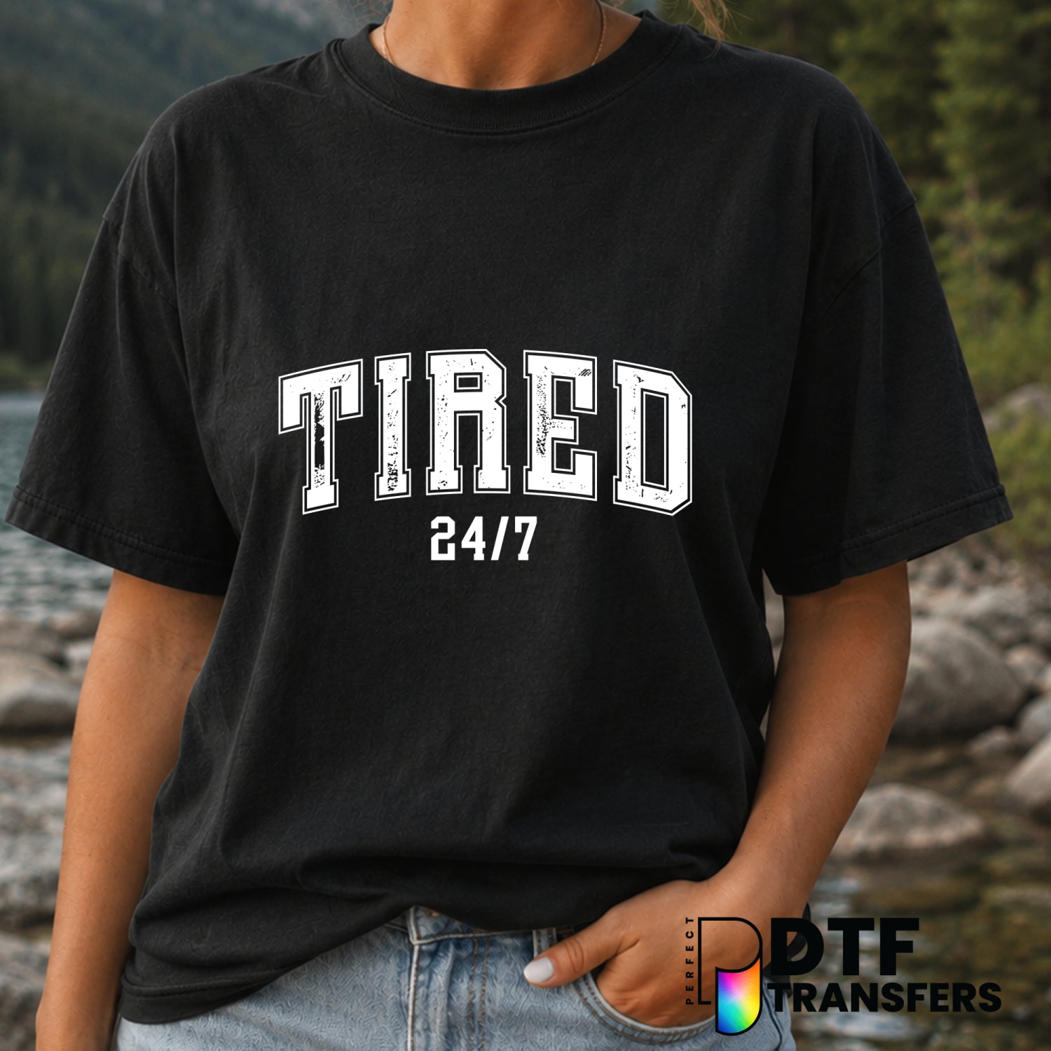 Tired Varsity Arch Grunge 24/7 Mother's Day DTF Transfer (view 1 of 2) – by Perfect DTF Transfers – Premade DTF Transfers...