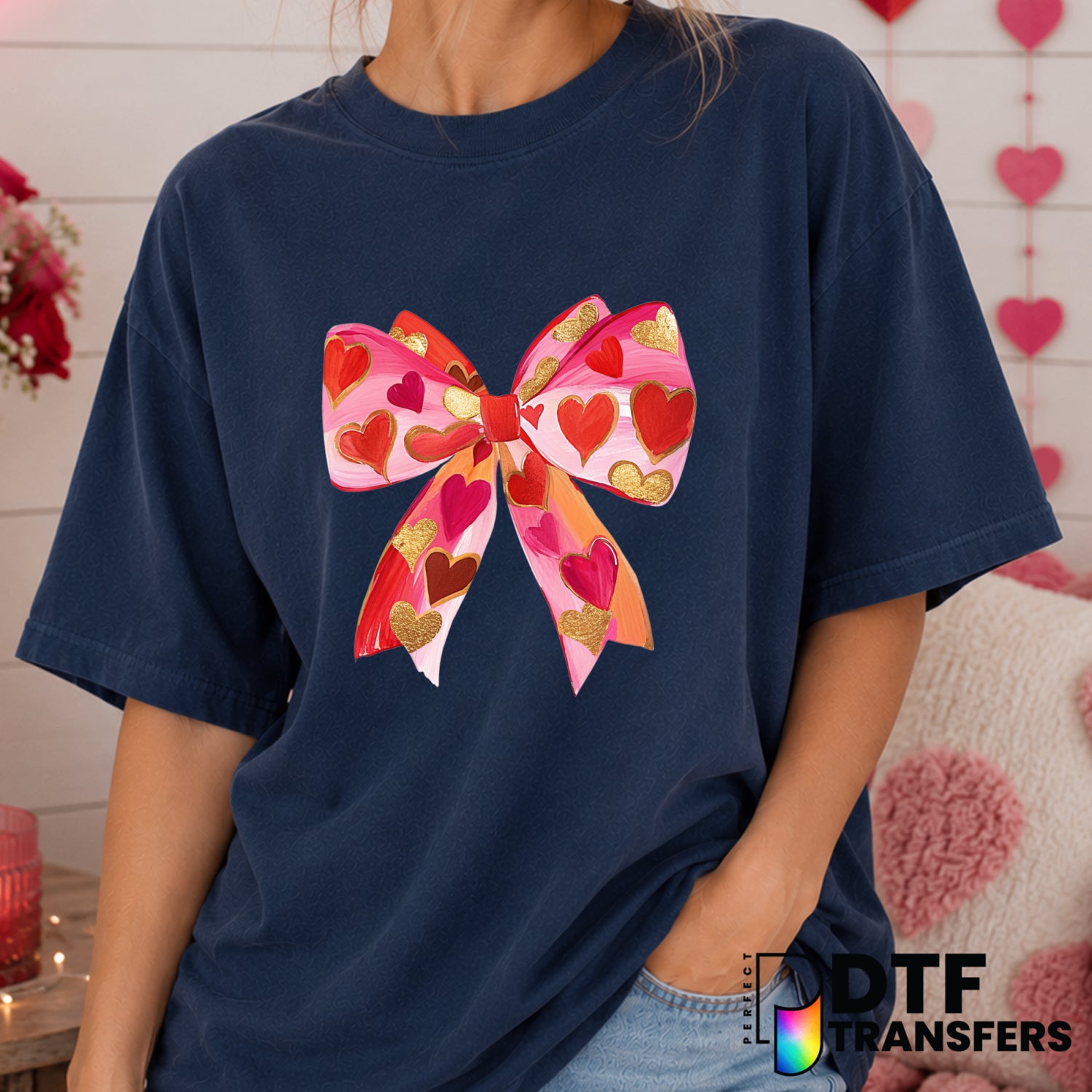 Valentine's Day Faux Sparkle Coquette Bow Hearts – DTF Transfer (view 1 of 2) – by Perfect DTF Transfers – Premade DTF Tra...