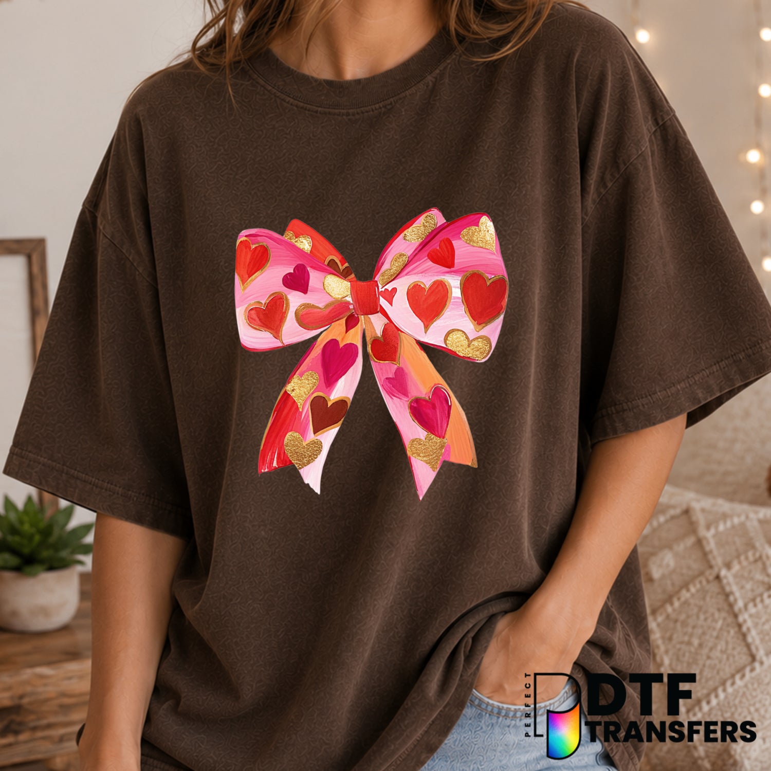 Valentine's Day Faux Sparkle Coquette Bow Hearts – DTF Transfer (view 2 of 2) – by Perfect DTF Transfers – Premade DTF Tra...