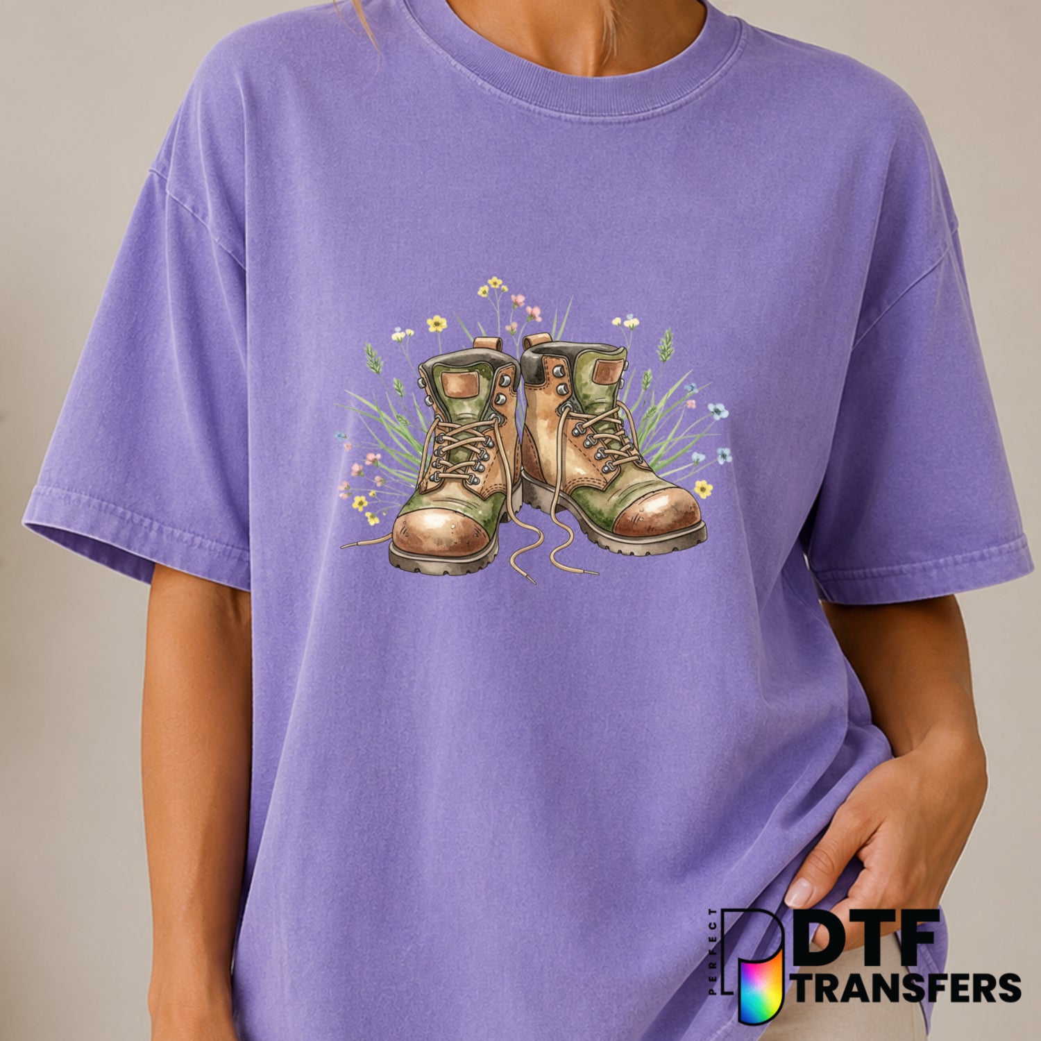 Vintage Hiking Boots & Wildflowers – Hiking DTF Transfer (view 2 of 2) – by Perfect DTF Transfers – Premade DTF Transfers...