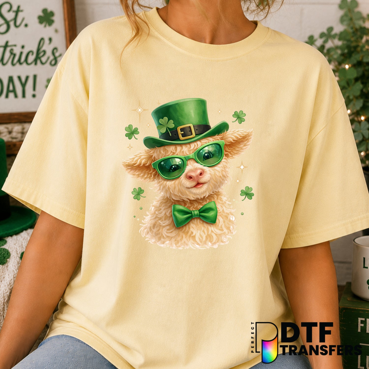 Watercolor Sheep & Shamrock – St. Patrick's Day DTF Transfer (view 1 of 2) – by Perfect DTF Transfers – Premade DTF Transf...