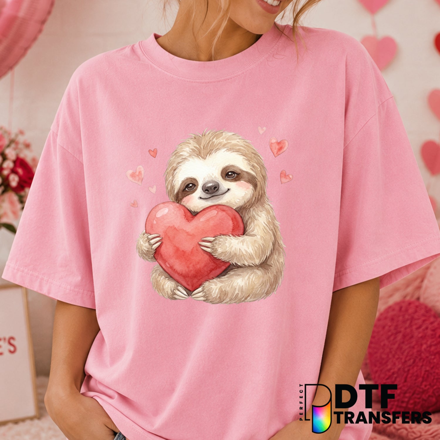 Watercolor Sloth Heart – Valentine's Day DTF Transfer (view 1 of 2) – by Perfect DTF Transfers – Premade DTF Transfers – V...