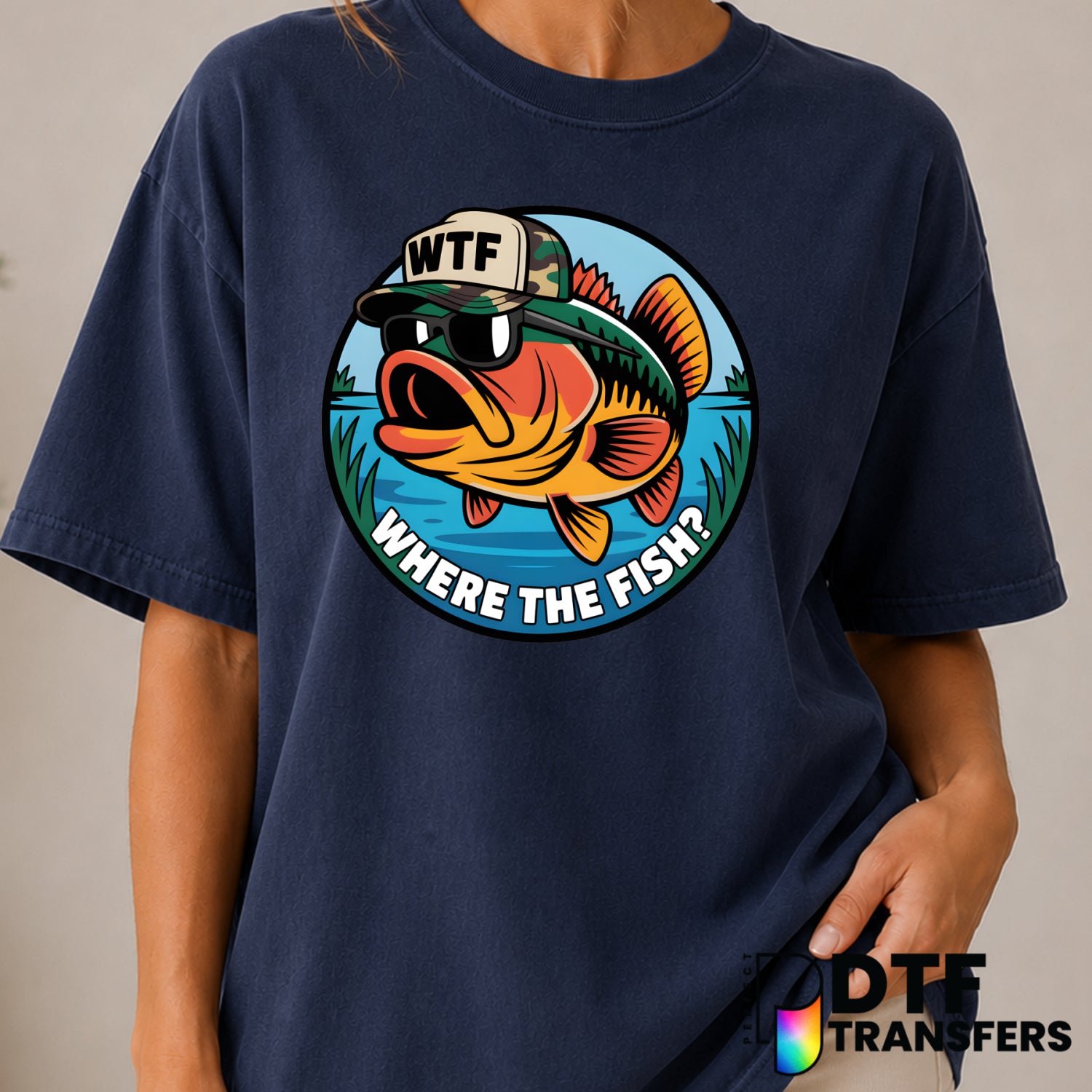 WTF Where The Fish Camo – Bass Fishing DTF Transfer (view 1 of 2) – by Perfect DTF Transfers – Premade DTF Transfers – Fis...