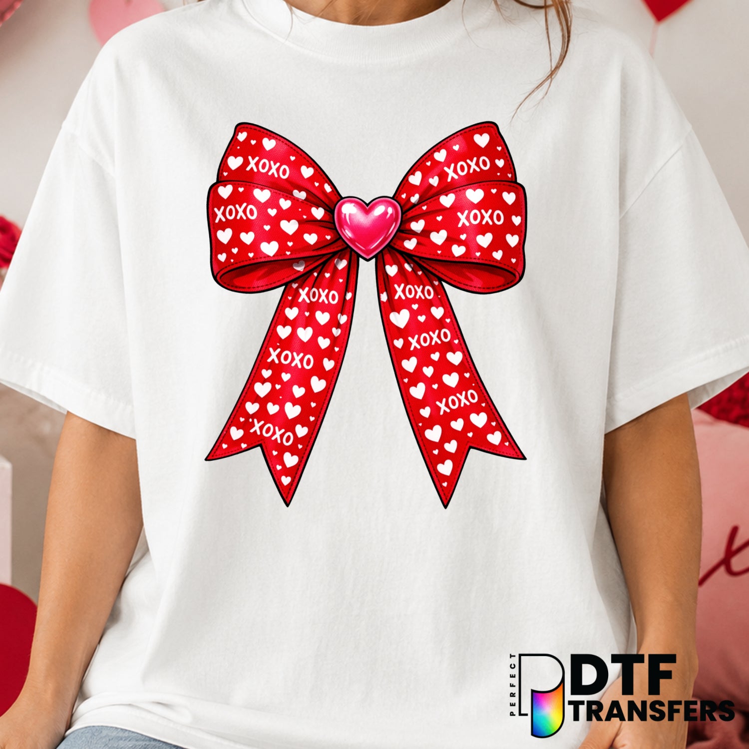 XOXO Coquette Bow – Valentine's Day DTF Transfer (view 1 of 2) – by Perfect DTF Transfers – Premade DTF Transfers – Valent...