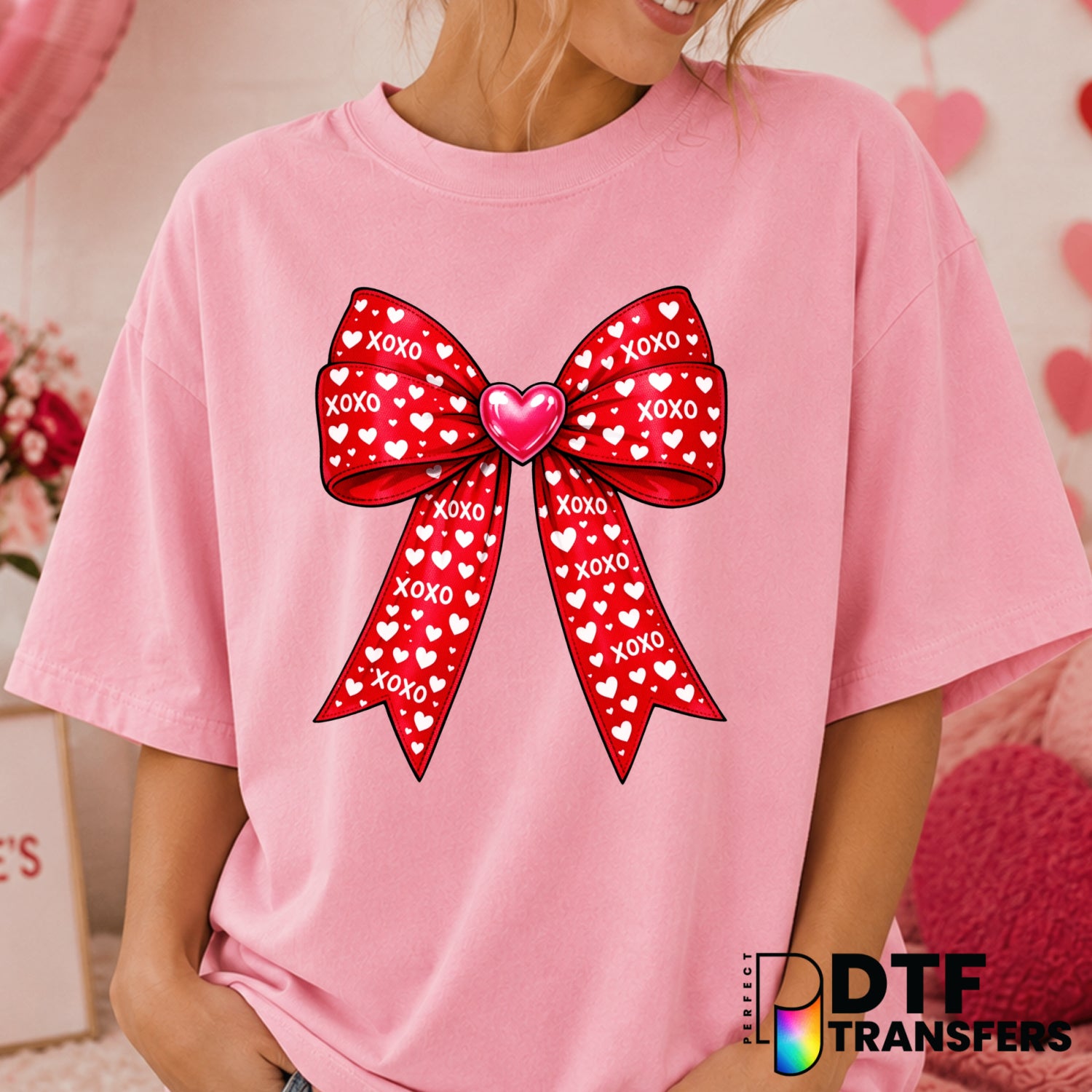XOXO Coquette Bow – Valentine's Day DTF Transfer (view 2 of 2) – by Perfect DTF Transfers – Premade DTF Transfers – Valent...