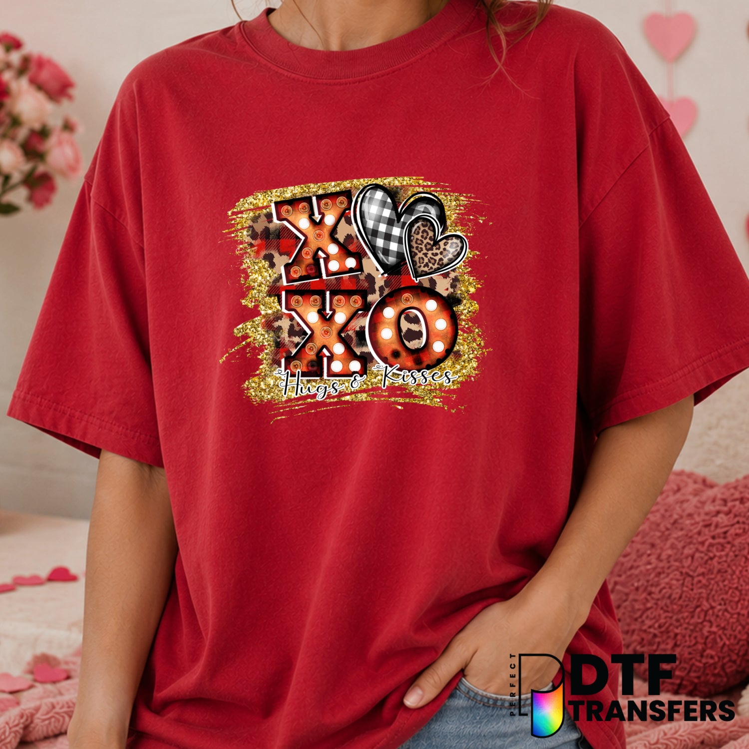 XOXO Faux Glitter Valentine's Day Hugs and Kisses – Valentine's Day DTF Transfer (view 1 of 2) – by Perfect DTF Transfers...