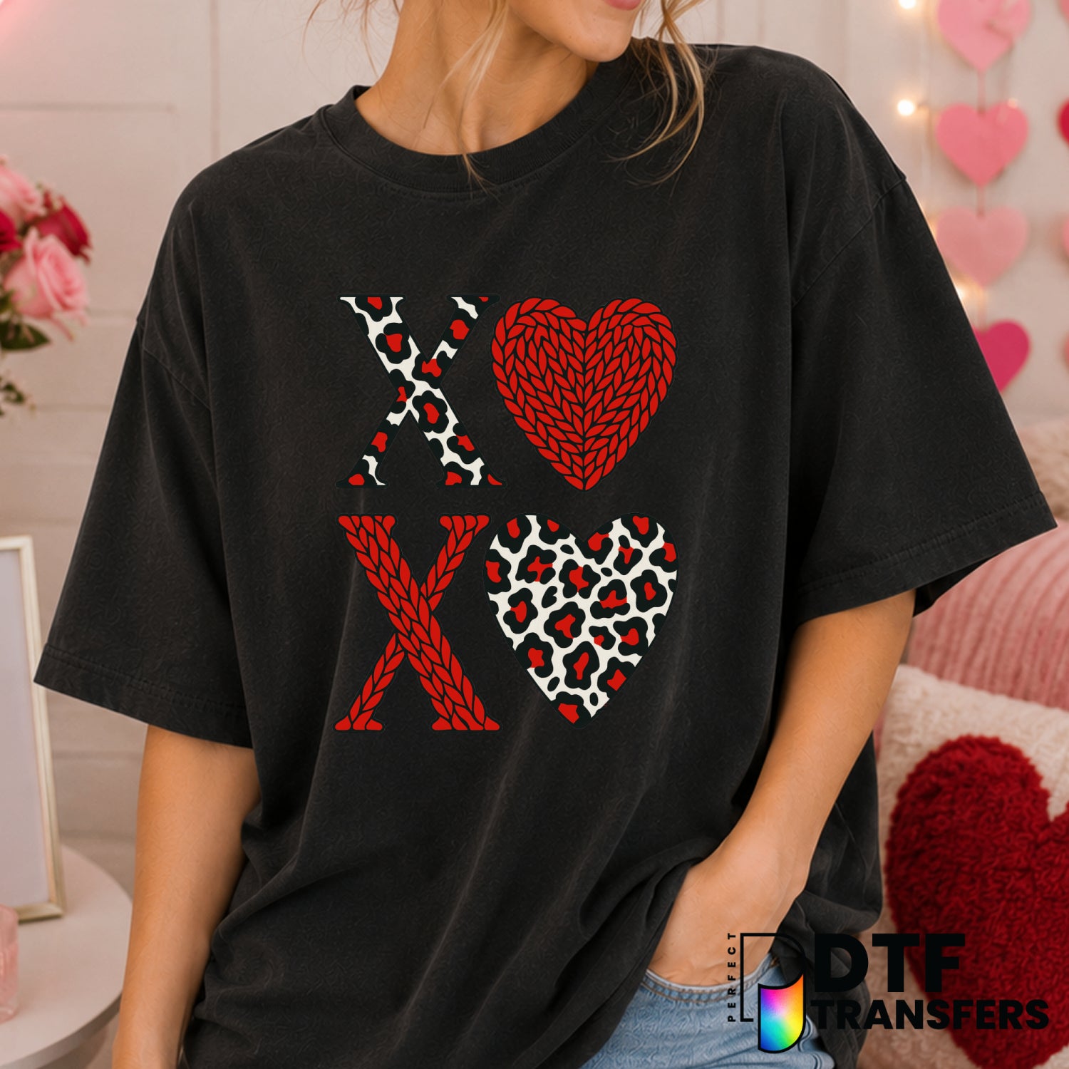 XOXO Stacked Leopard Knit Valentines Day – Valentine's Day DTF Transfer (view 1 of 2) – by Perfect DTF Transfers – Premade...