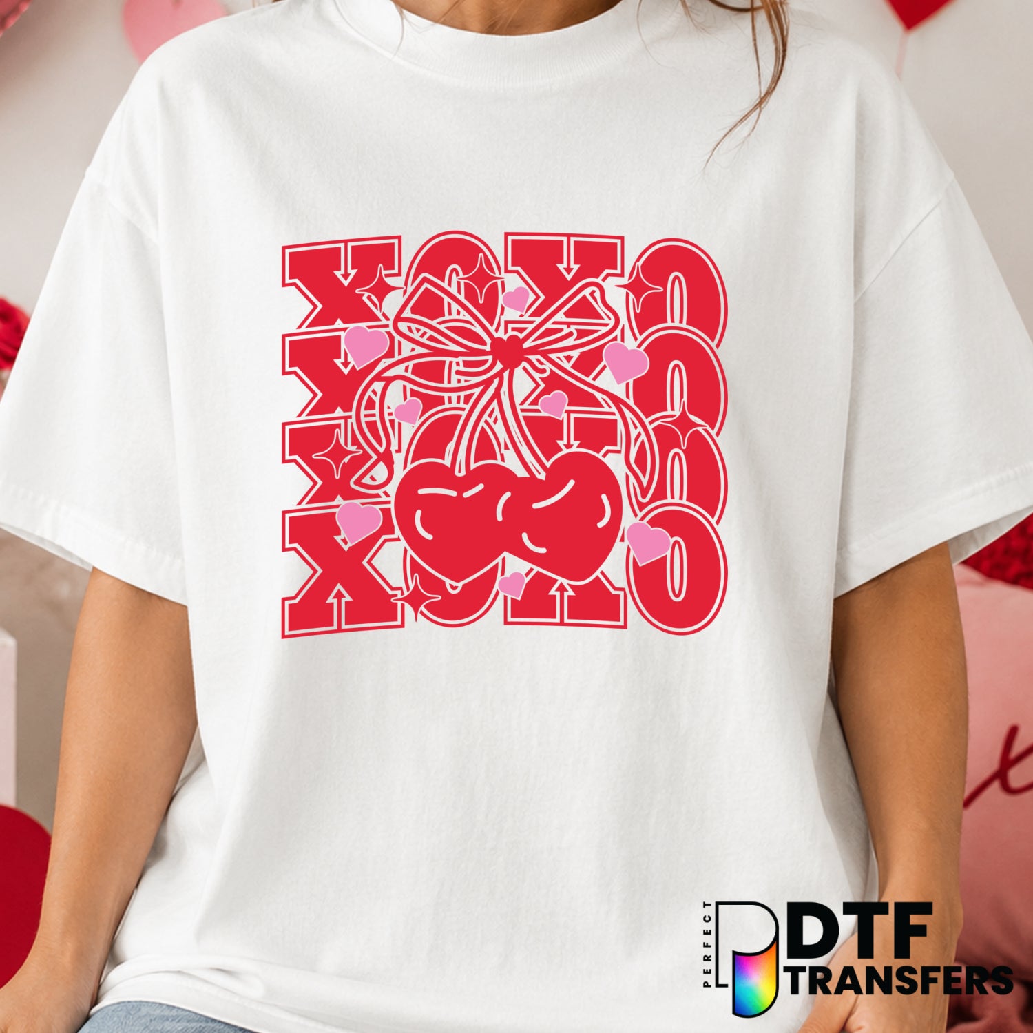 XOXO Stacked Valentine's Day Coquette Cherries Bow – DTF Transfer (view 1 of 2) – by Perfect DTF Transfers – Premade DTF T...