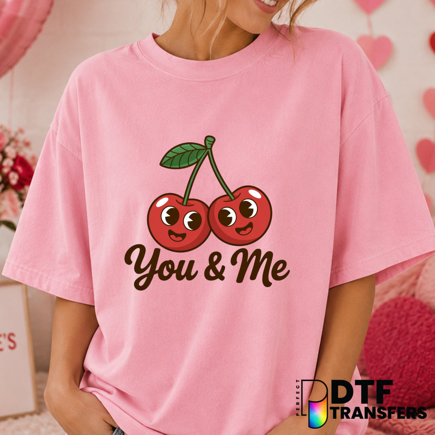 You & Me Cherries – Valentine's Day DTF Transfer (view 2 of 2) – by Perfect DTF Transfers – Premade DTF Transfers – Valent...