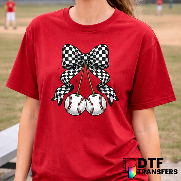 Baseball Cherries with Checkered Bow – Baseball DTF Transfer