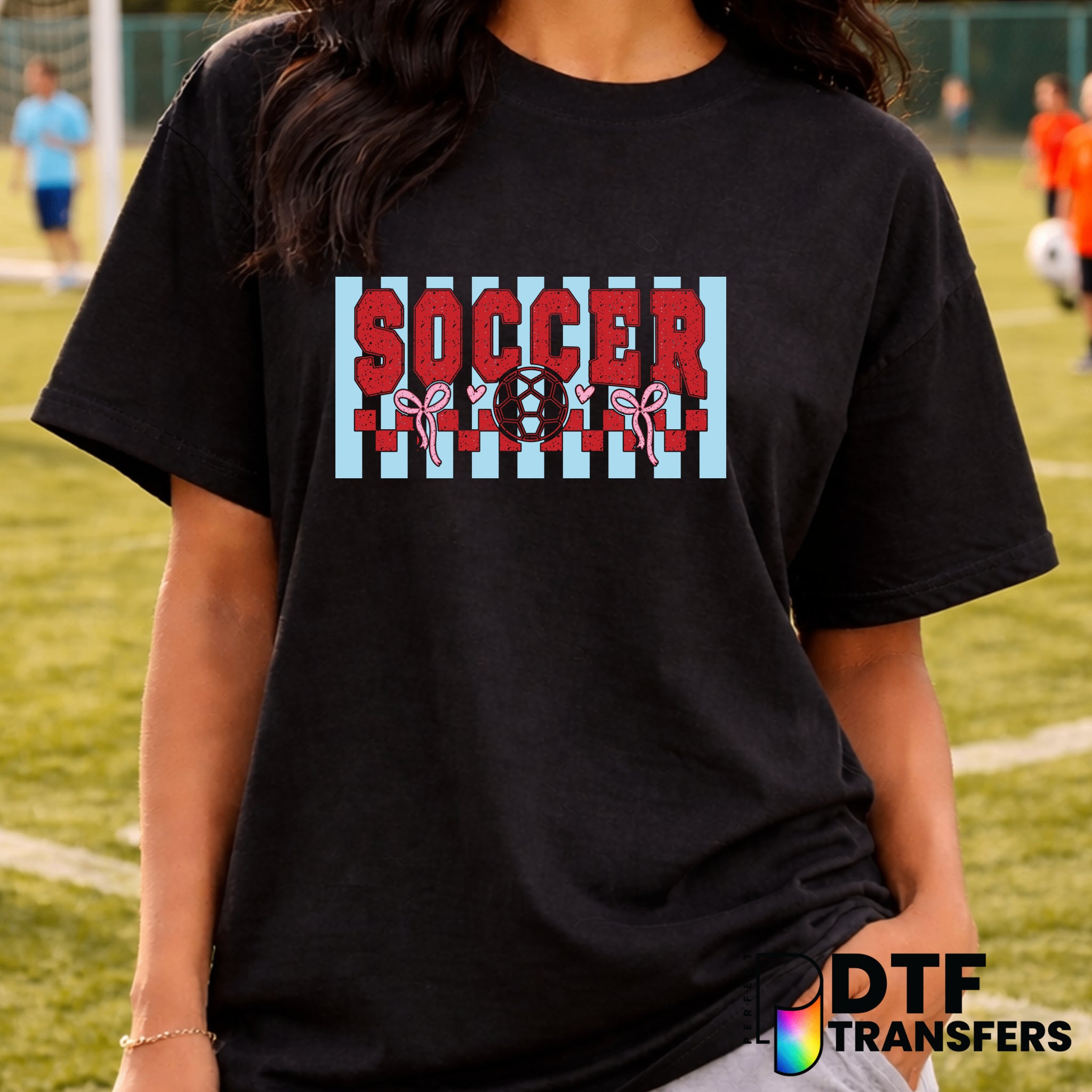 SOCCER STRIPES CHECKERED BOWS VARSITY ARCH – Soccer DTF Transfer