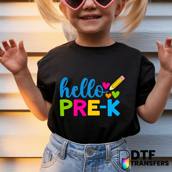 Hello Pre-K Colorful Hearts and Pencil – Pre-K Teacher DTF Transfer