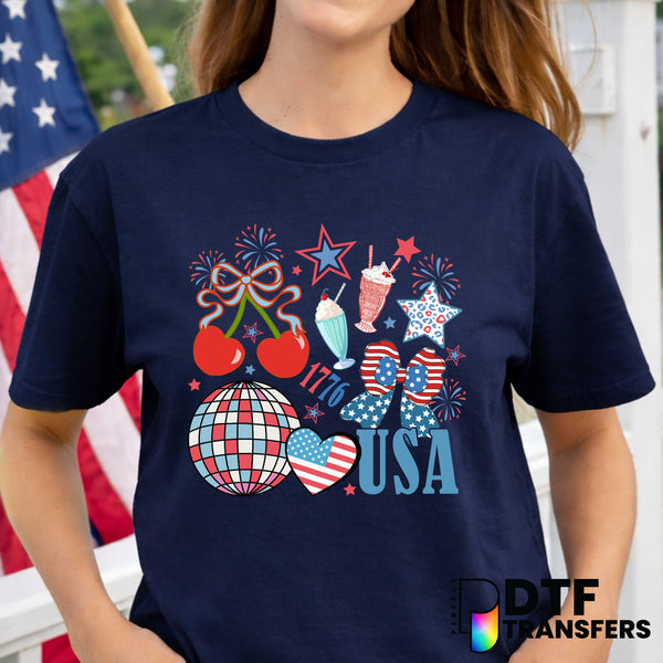 Cherries American Flag Bow Collage – Fourth of July DTF Transfer