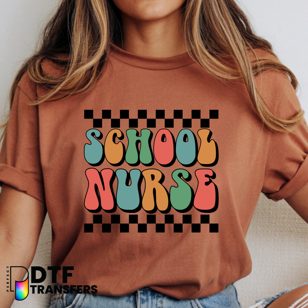 Retro Checkered School Nurse Text – School Nurse DTF Transfer