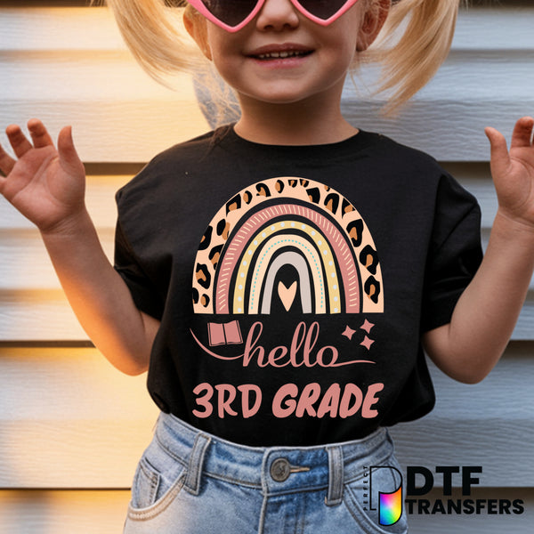 Hello Third Grade Pink Leopard Rainbow – Teacher DTF Transfer