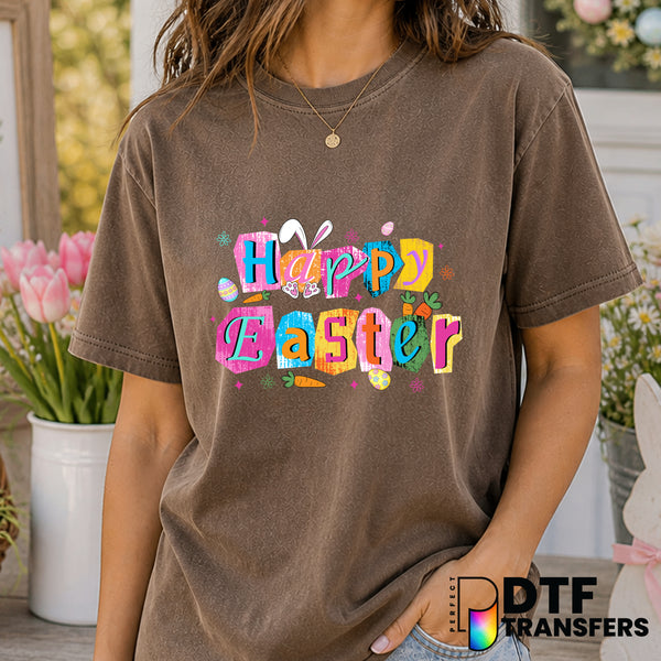 Colorful Happy Easter Grunge Bunny – Easter DTF Transfer