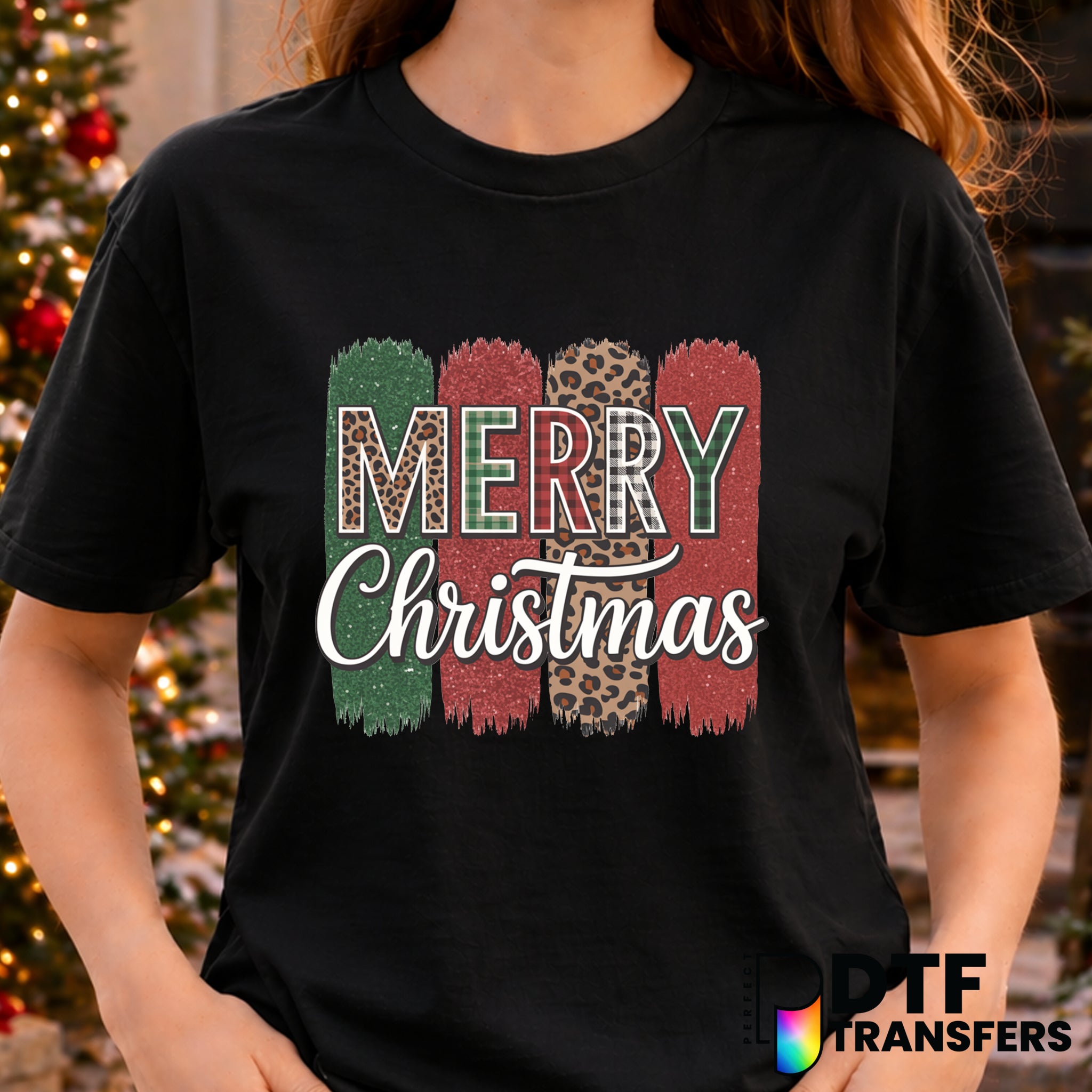 Merry Christmas Leopard Buffalo Plaid Brushstrokes – Christmas DTF Transfer