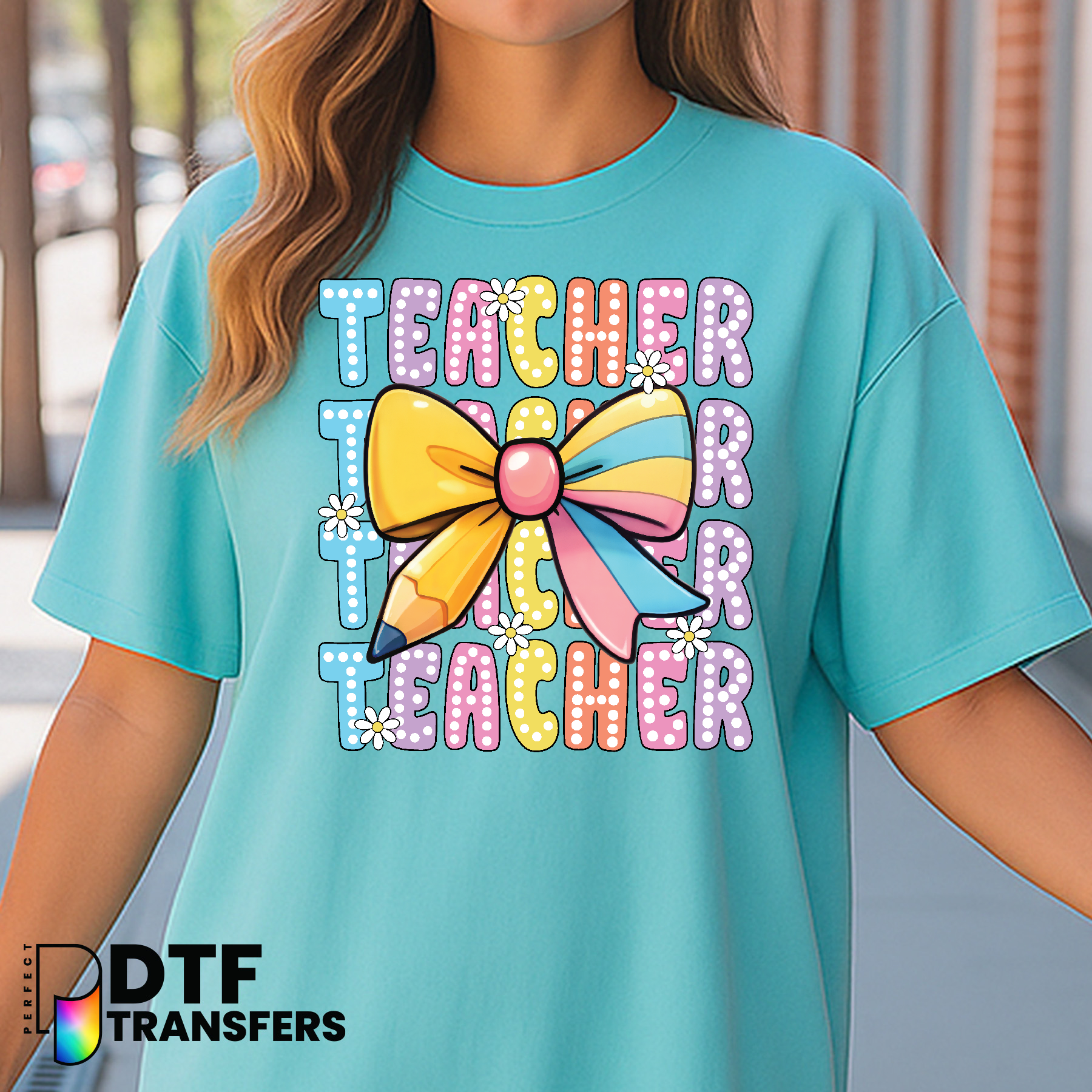 Teacher Stacked Pencil with Bow – Teacher DTF Transfer