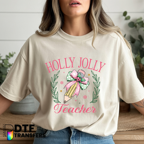 Pink Holly Jolly Teacher – Teacher DTF Transfer