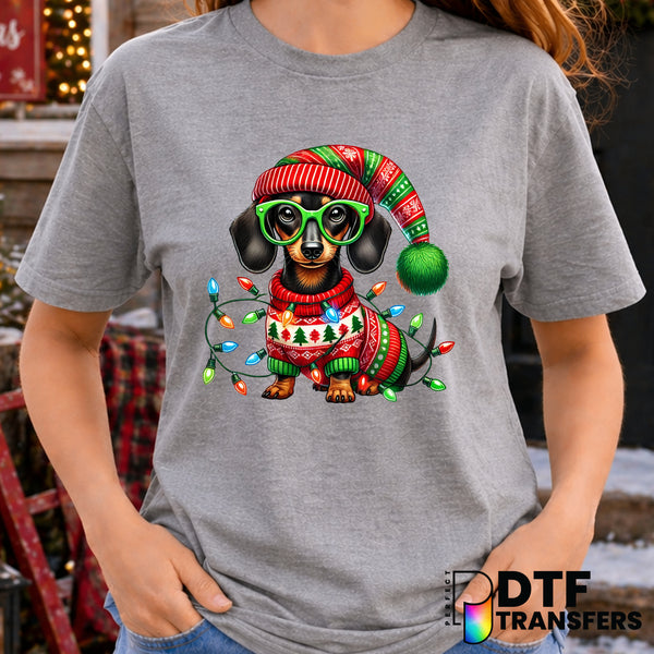 Dachshund Dog with Christmas Lights – Christmas DTF Transfer