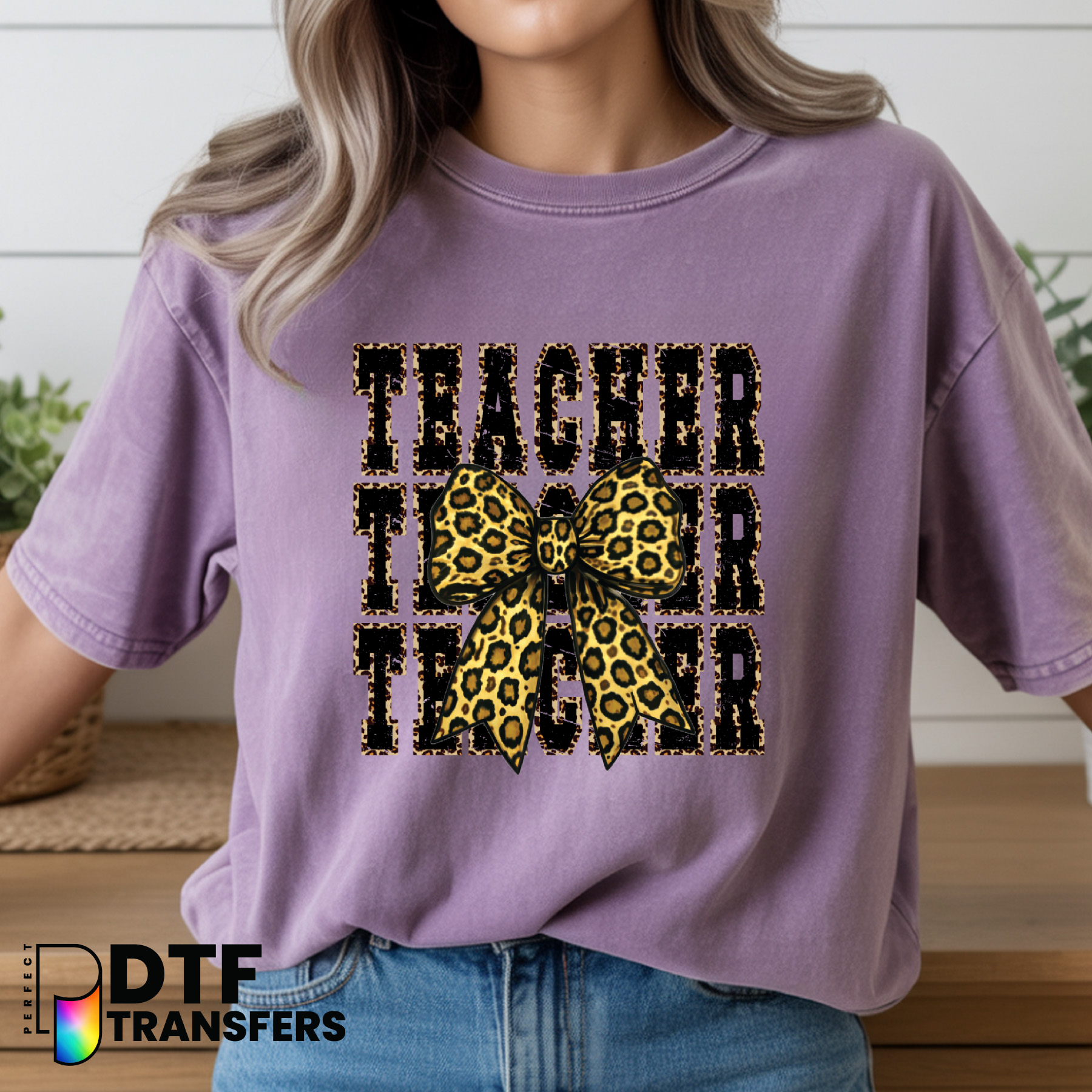 'Teacher' Leopard Print Bow – Teacher DTF Transfer
