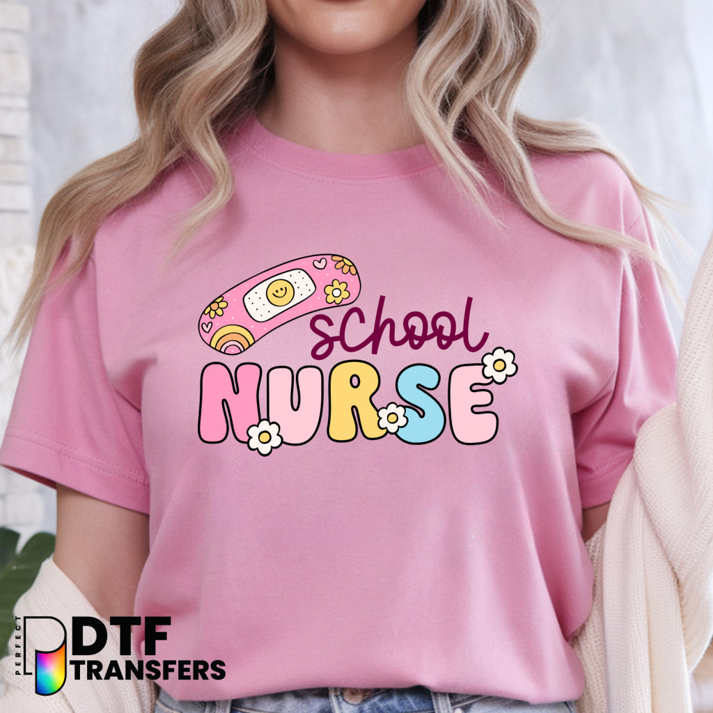 Smiley Face with Band-Aid and Medical Cross 'School Nurse' Banner – School Nurse DTF Transfer