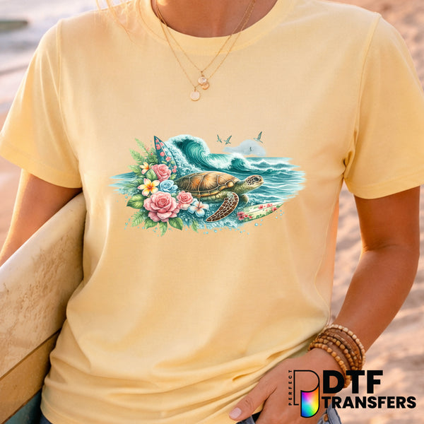 Retro Floral Surf Turtle with Surfboards – Surfing DTF Transfer