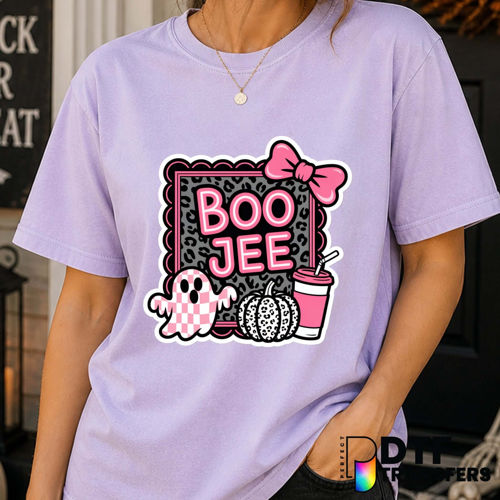 Boo Jee Checkered Ghost Coquette Leopard Bow – Halloween DTF Transfer