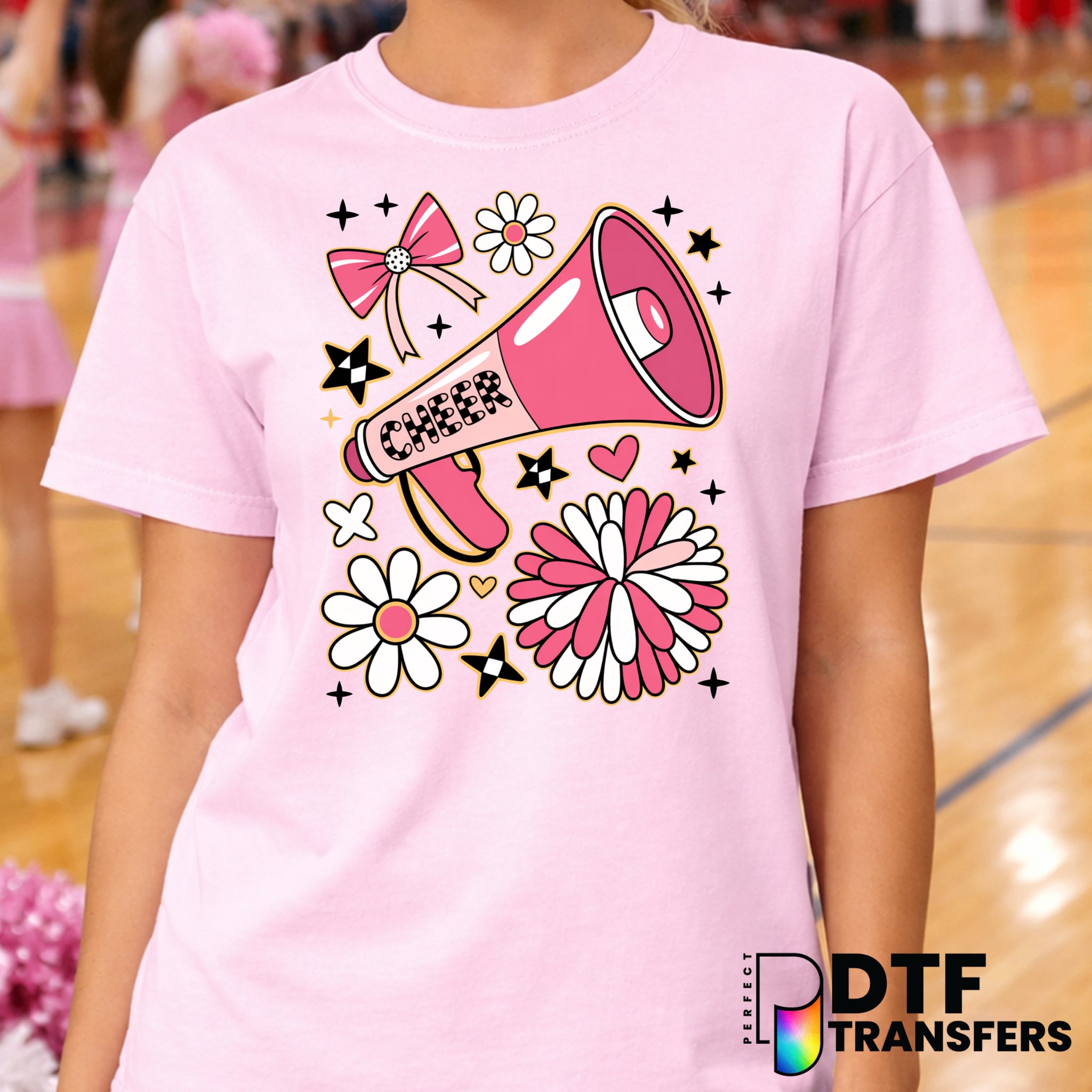 Cheer Megaphone with Flowers and Bows – Cheerleading DTF Transfer