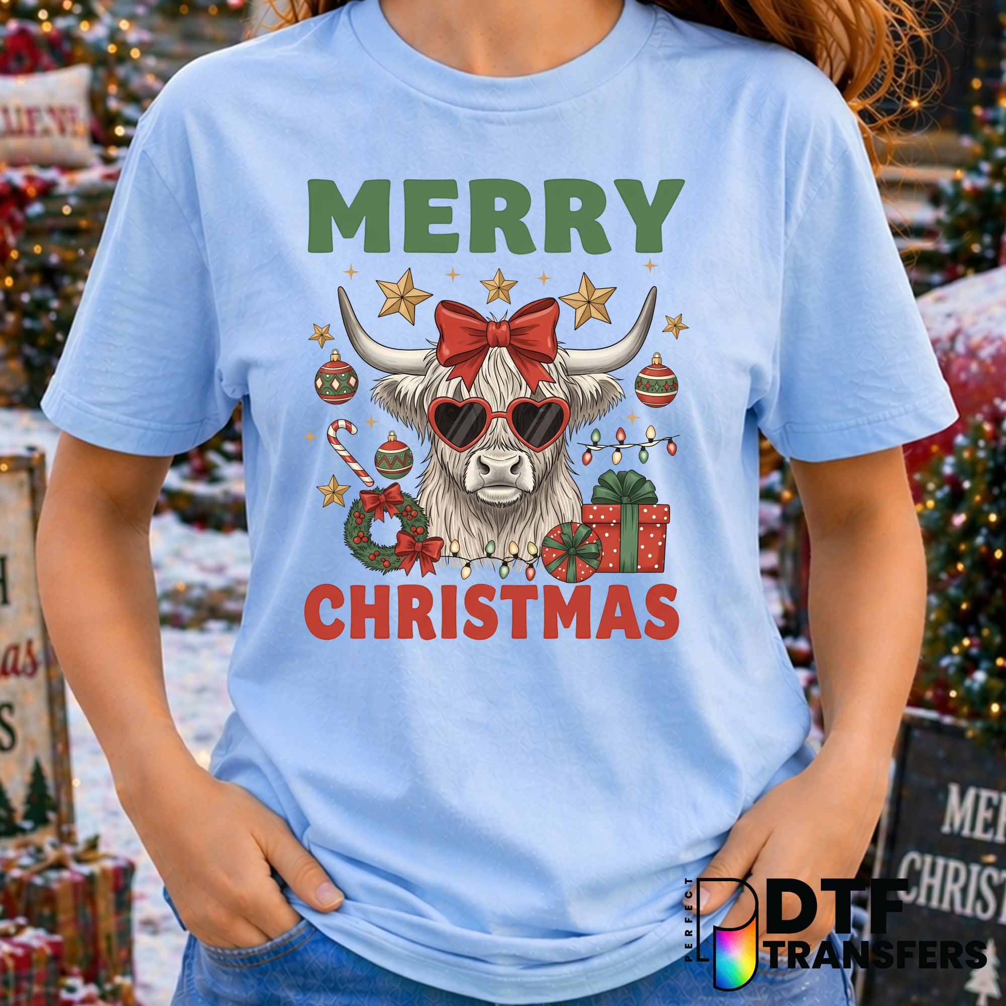 Cute Highland Cow Merry Christmas Coquette Bow – Christmas DTF Transfer