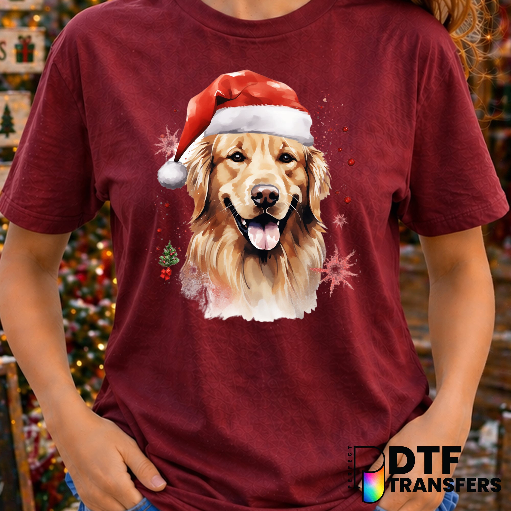 Golden Retriever with Santa Hat – Christmas DTF Transfer