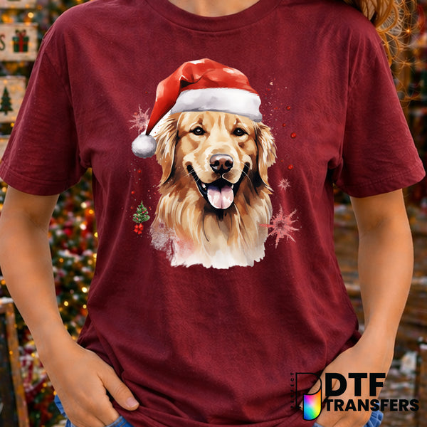 Golden Retriever with Santa Hat – Christmas DTF Transfer
