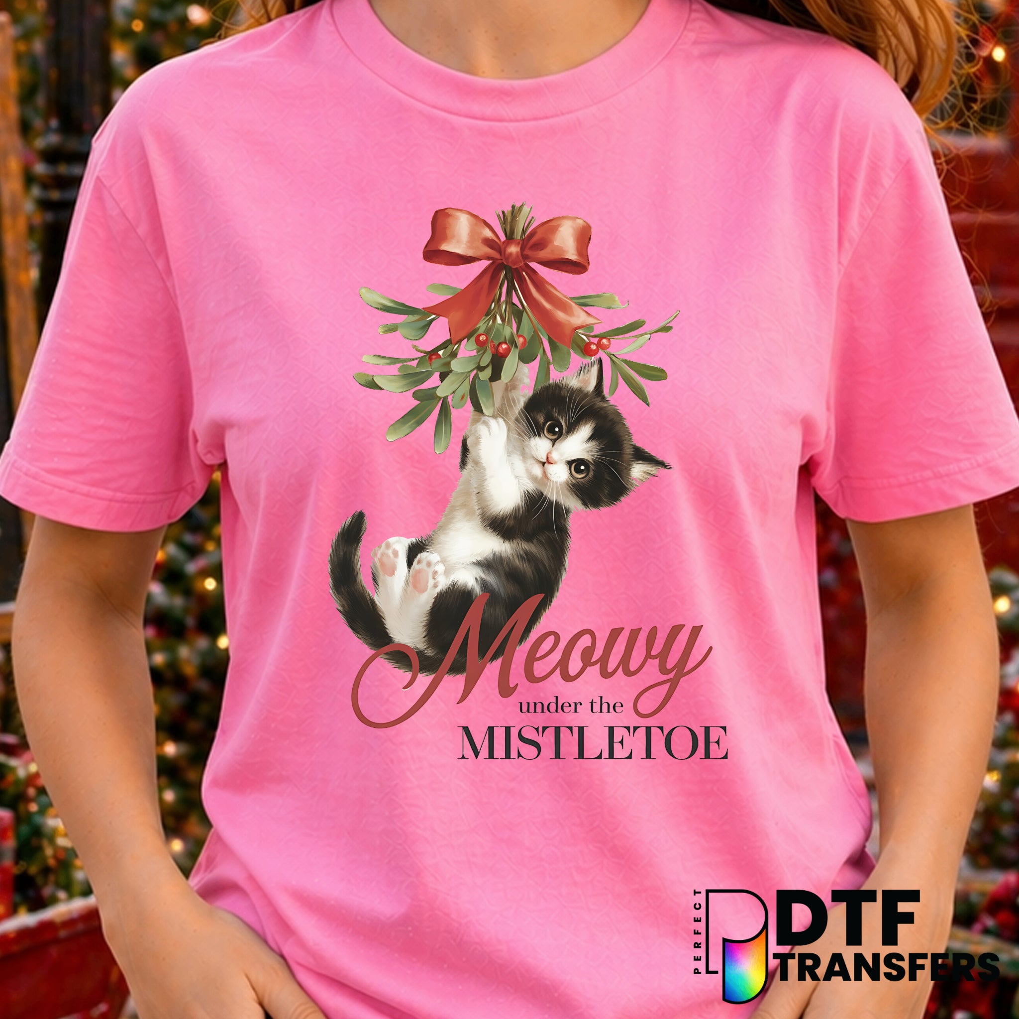 Meowy Under the Mistletoe – Christmas DTF Transfer