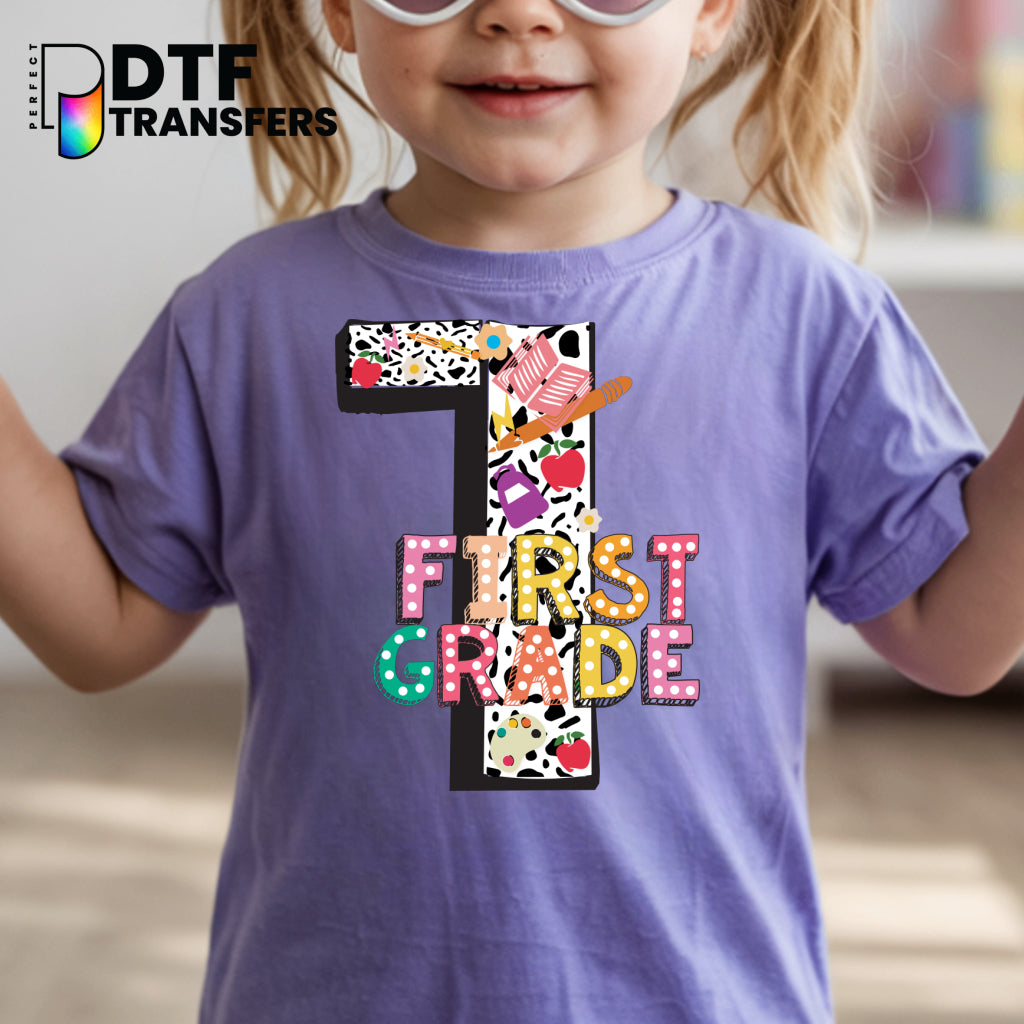 FIRST GRADE WELCOME BACK TO SCHOOL Colorful Dalmatian Teacher DTF Transfer