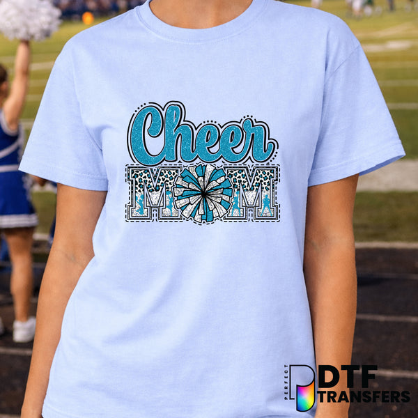 Cheer Mom Faux Glitter Leopard Light Blue Pom Pom – Cheerleading DTF Transfer