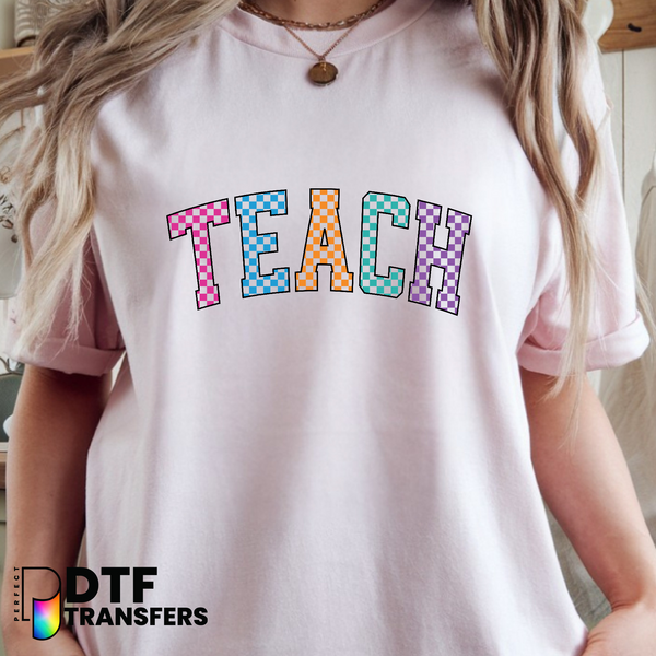 TEACH" Checkered Apple & Pencil – Teacher DTF Transfer