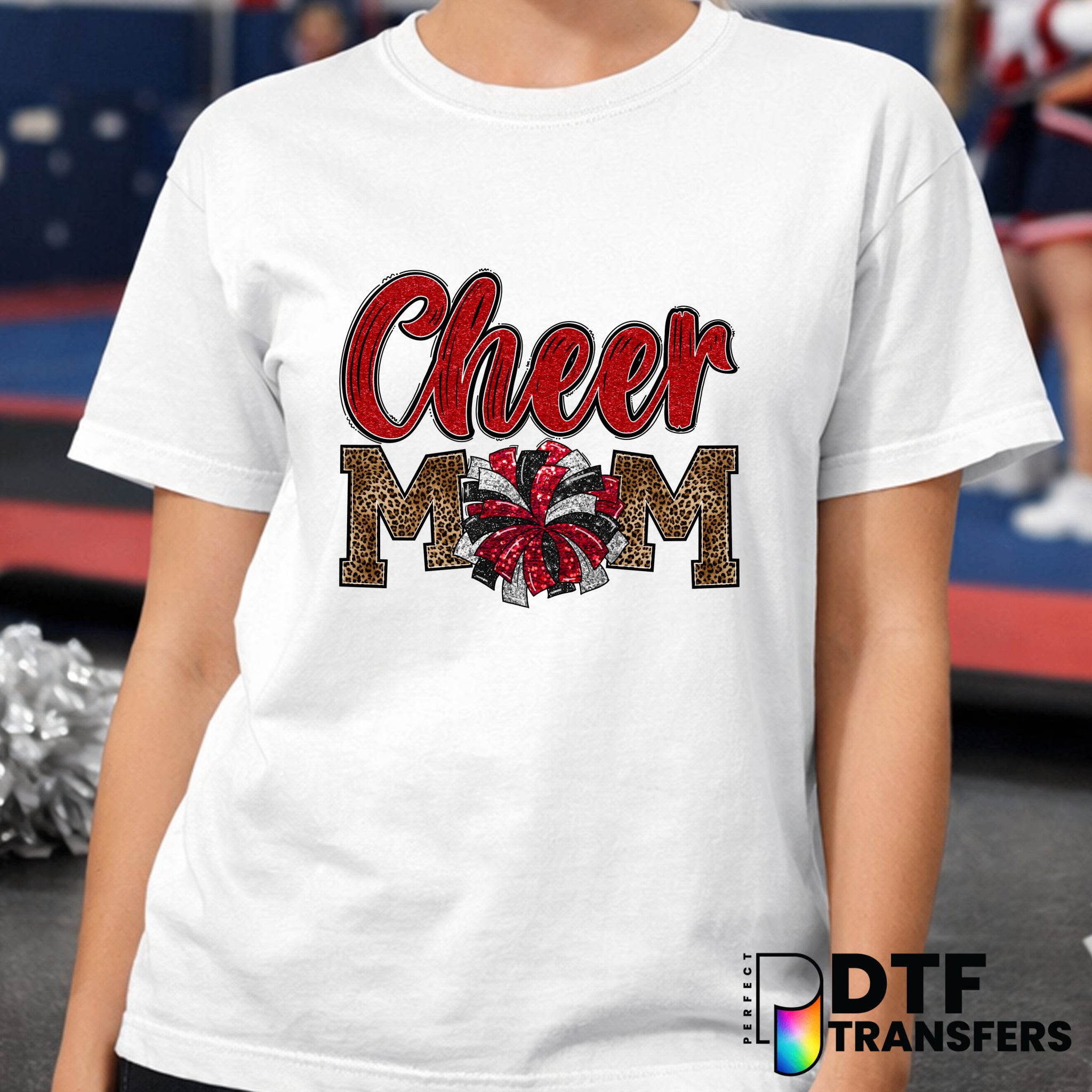 Cheer Mom Red Faux Glitter Leopard Pom Pom – Cheerleading DTF Transfer