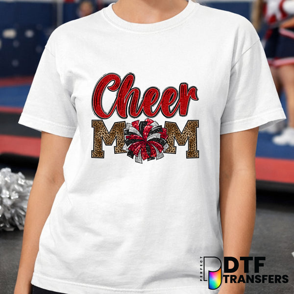 Cheer Mom Red Faux Glitter Leopard Pom Pom – Cheerleading DTF Transfer