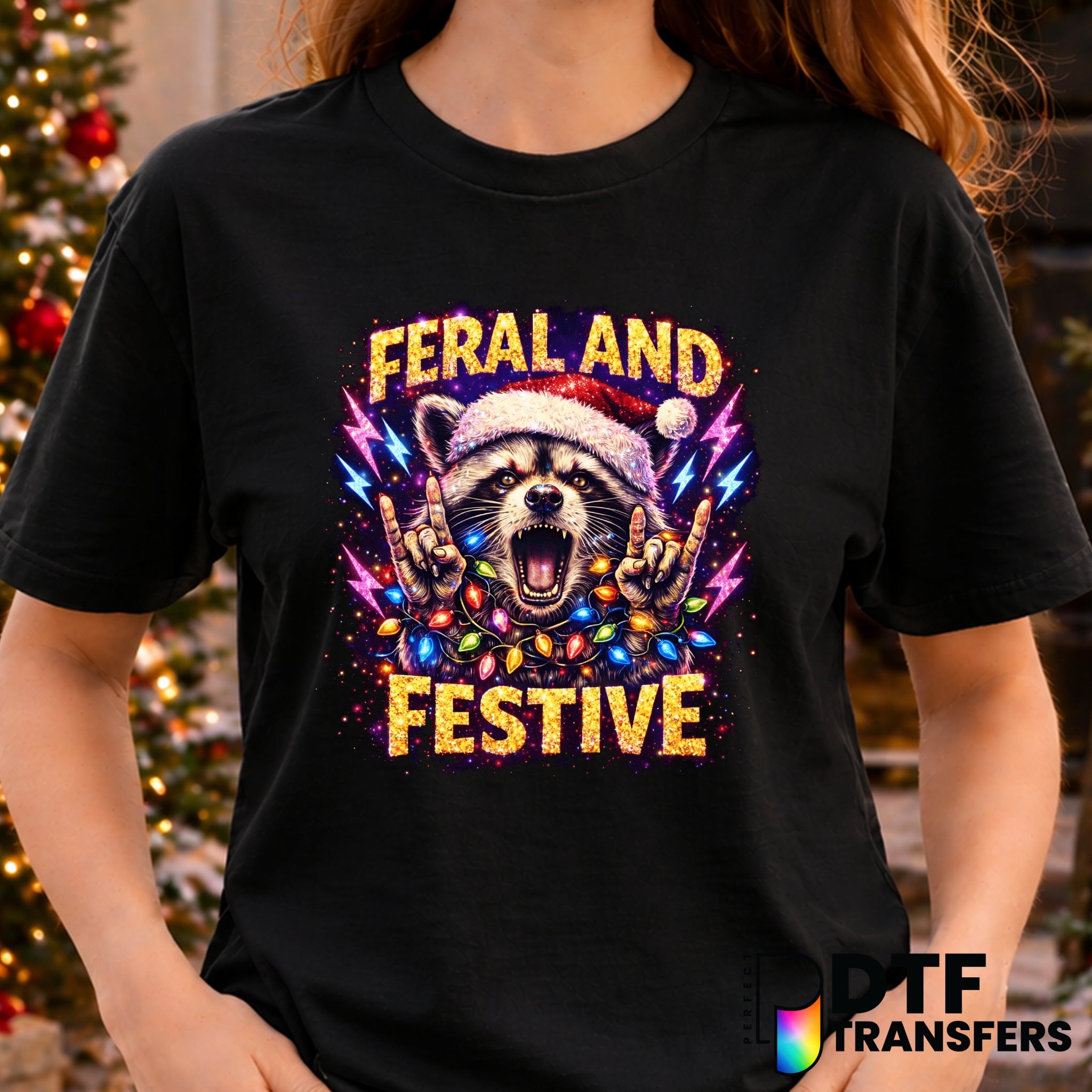 Feral and Festive Raccoon Christmas Lights – Christmas DTF Transfer
