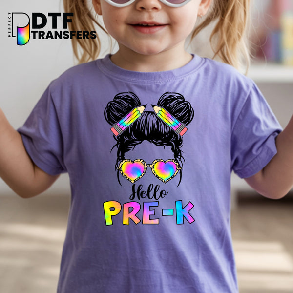 Hello Pre-K Messy Bun Tie-Dye – Pre-K Teacher DTF Transfer