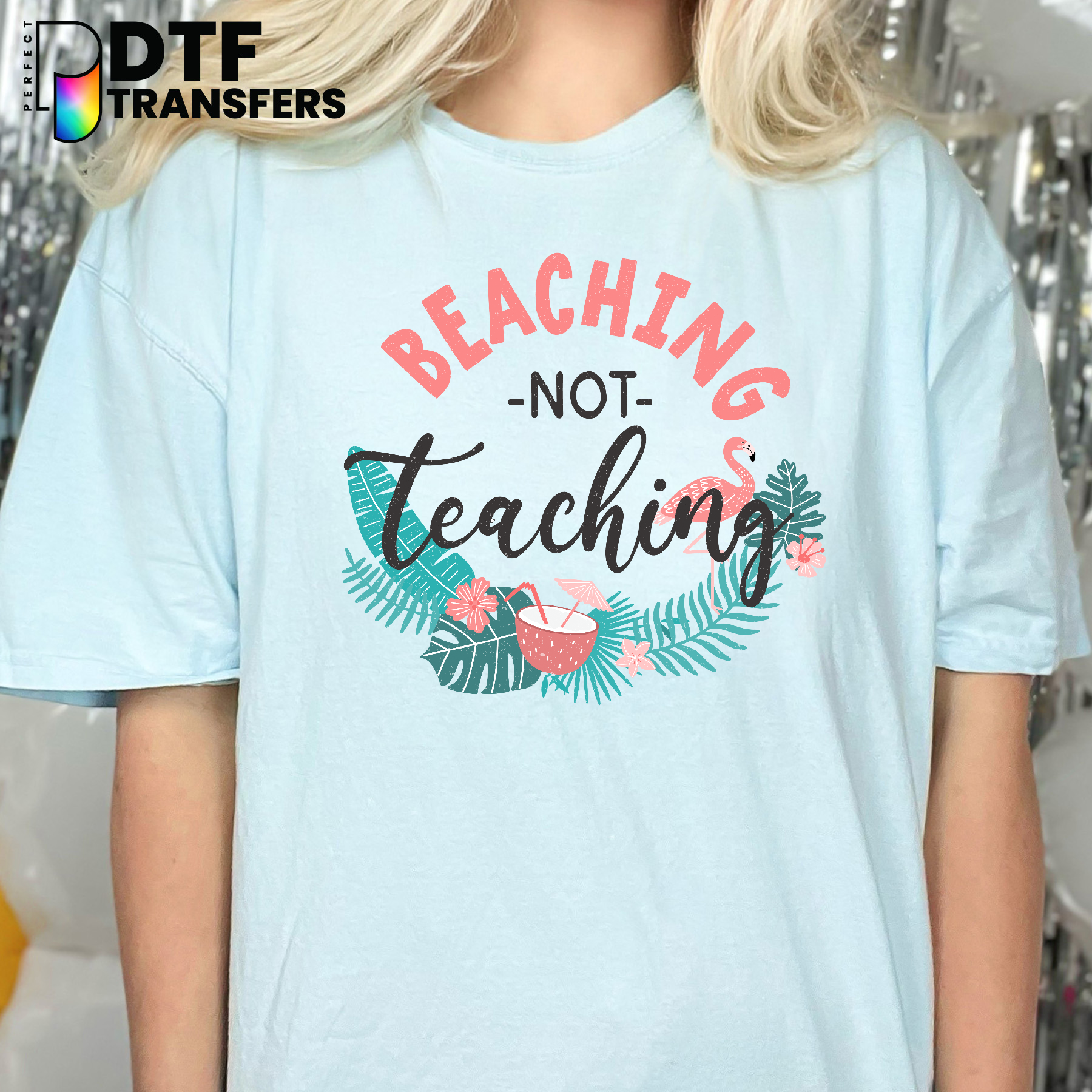 Beaching Not Teaching – Ocean Wave Sun Palm Tree Teacher DTF Transfer