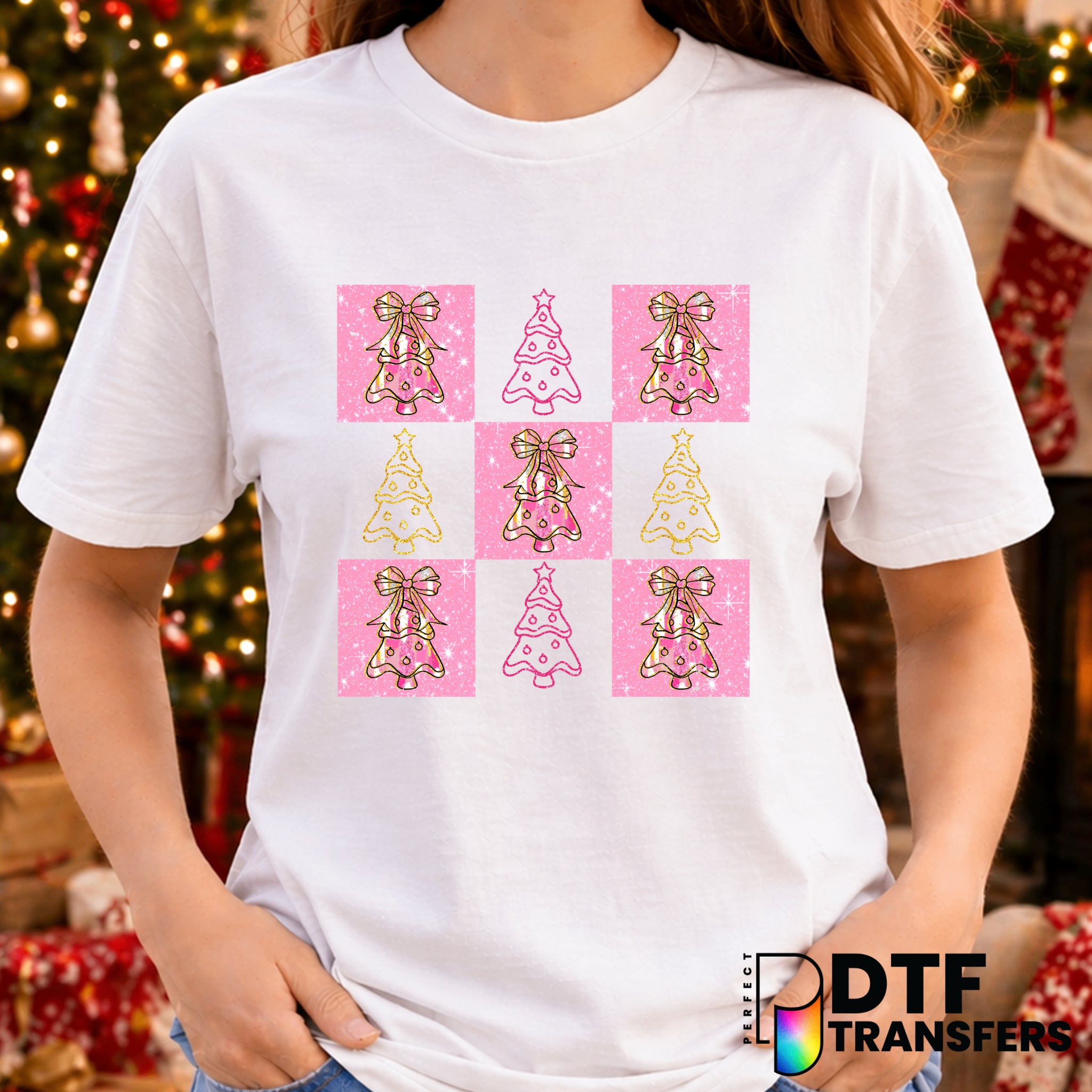 Retro Checkered Pink Christmas Tree – Christmas DTF Transfer