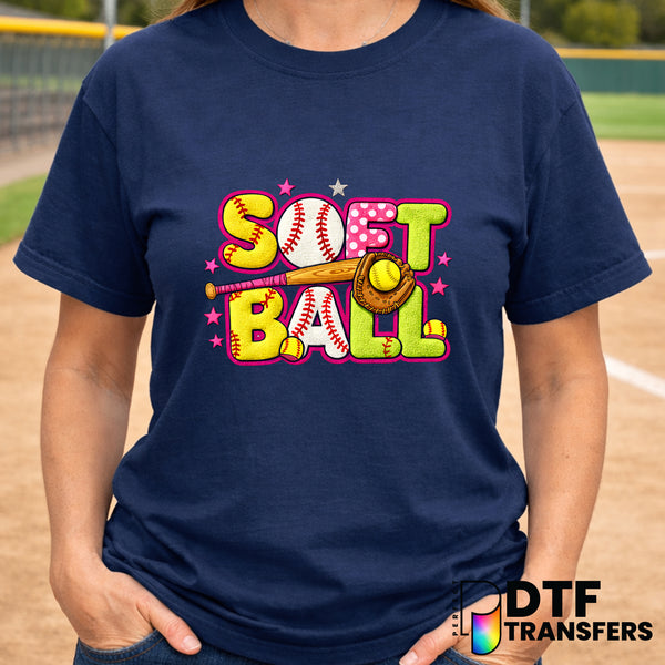 SOFTBALL Stacked Text with Distressed Ball and Pink Stars – Softball DTF Transfer