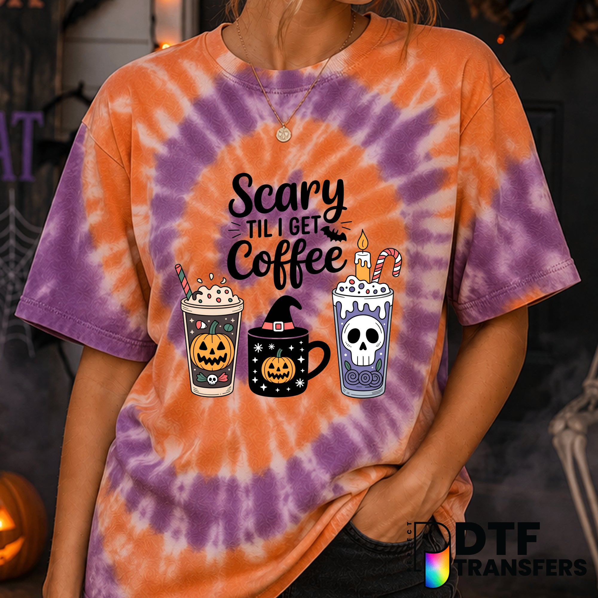 Scary Til I Get Coffee – Halloween DTF Transfer