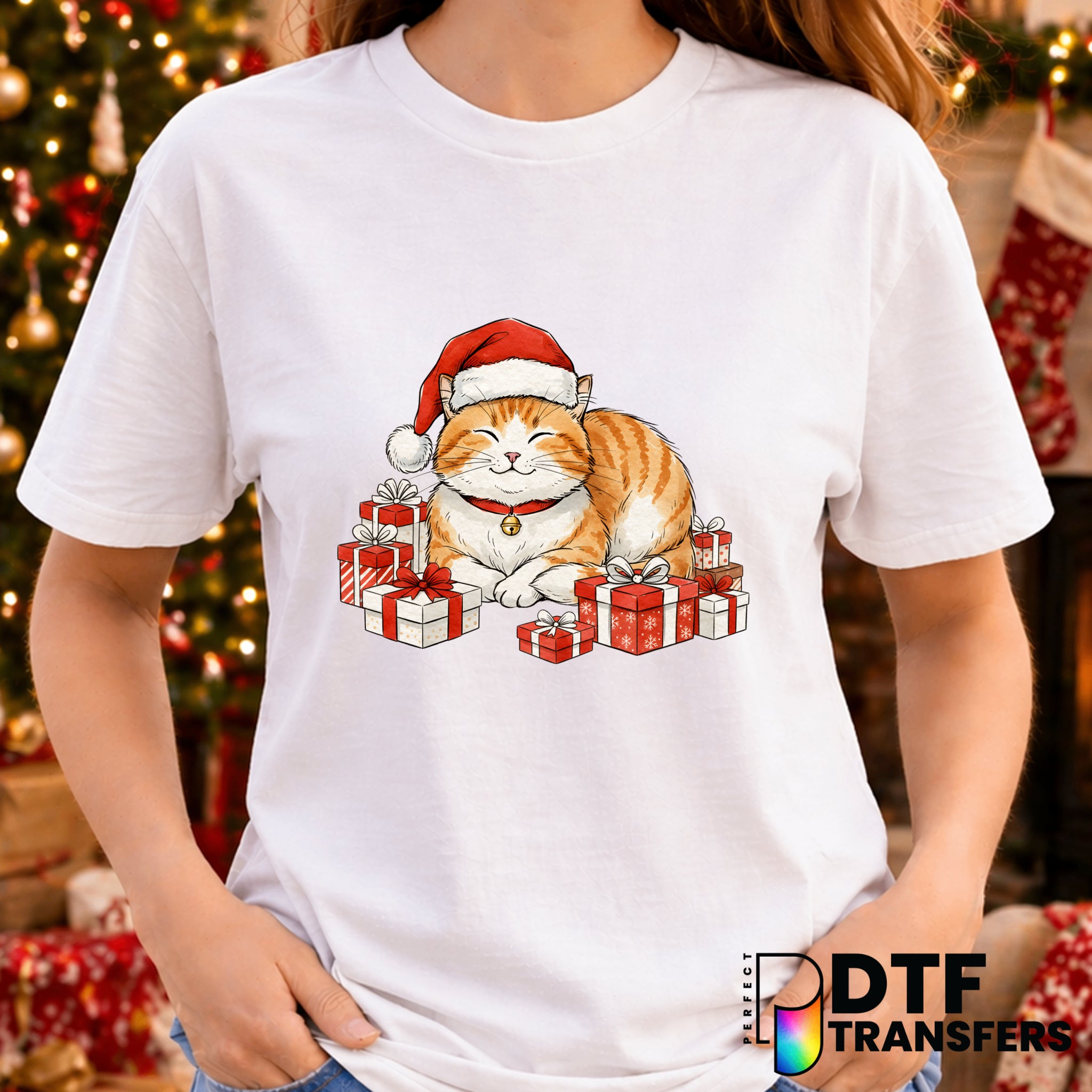 Cute Orange Cat with Presents – Christmas DTF Transfer