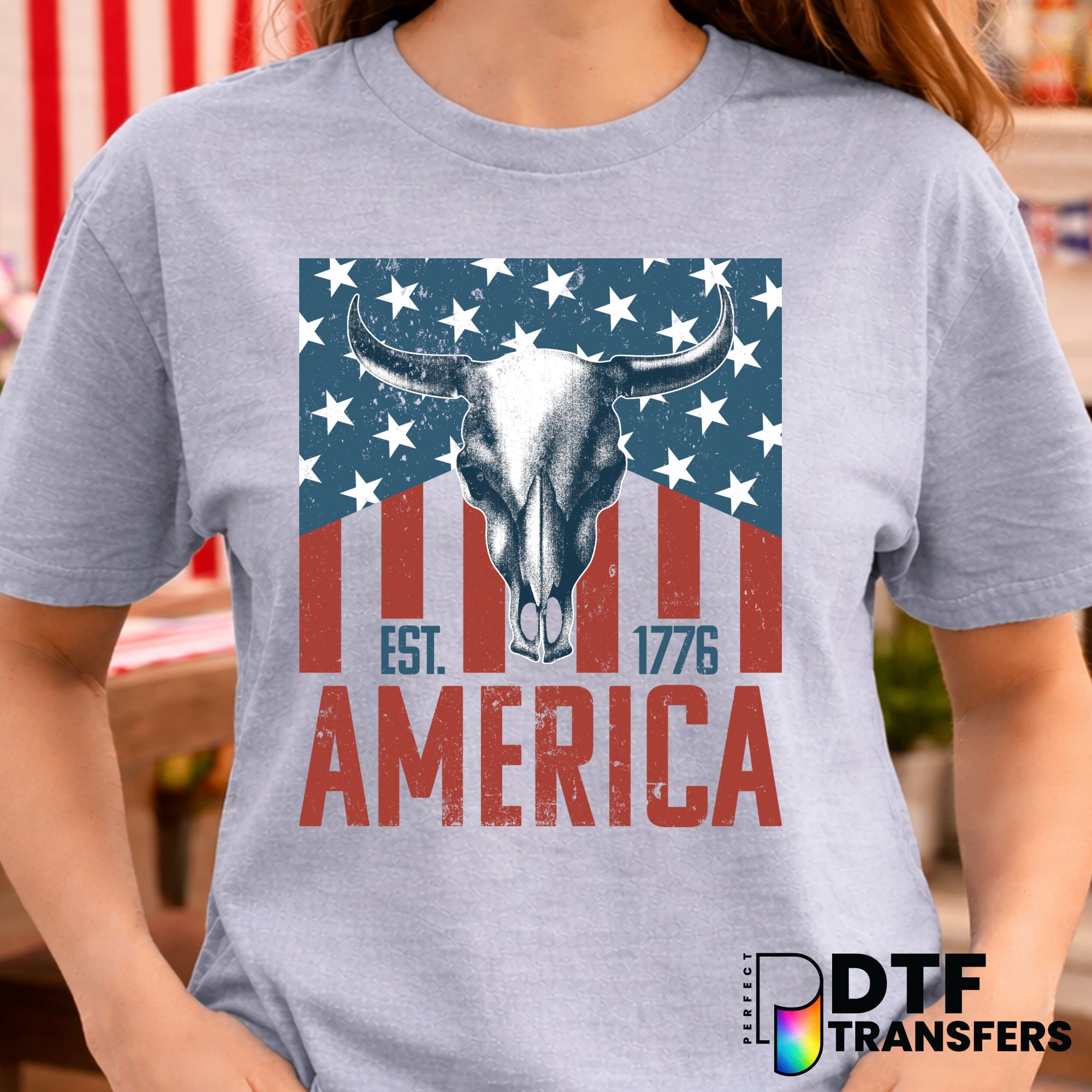 Vintage Western American Flag Skull – Fourth of July DTF Transfer